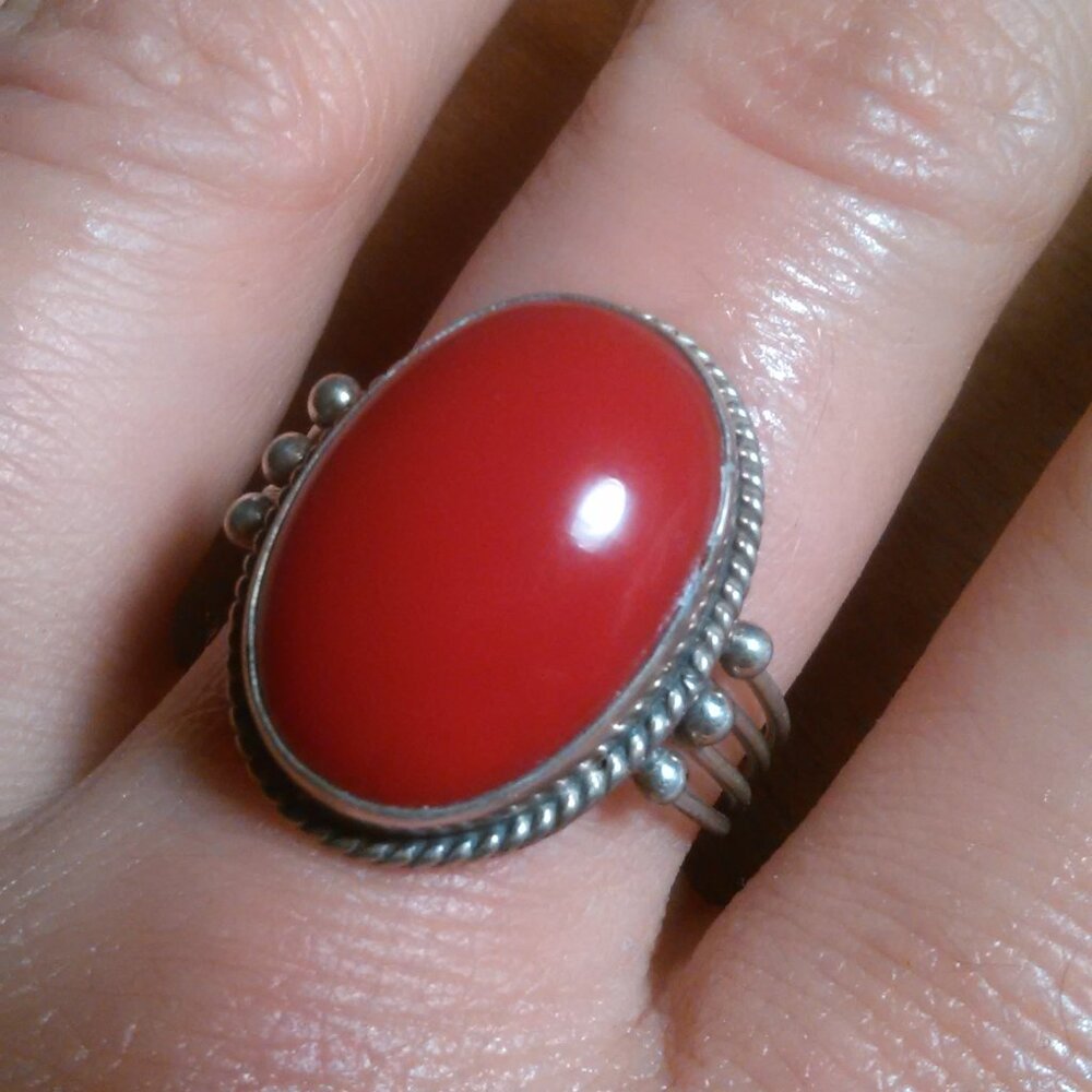 Red Coral Sterling Silver Ring (Size 9)